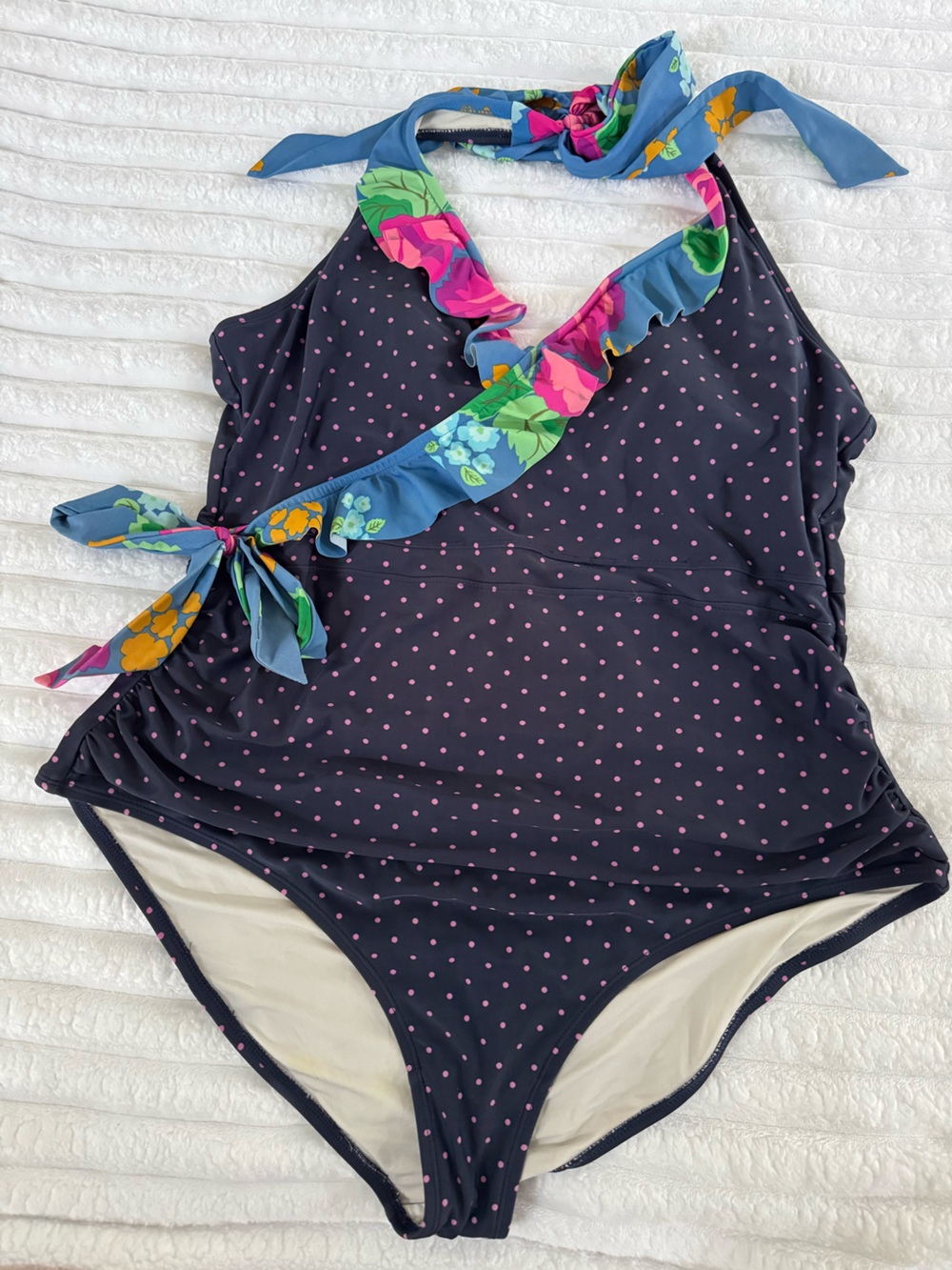 Matilda Jane women’s Navy Polka Dot One-Piece Swimsuit with Floral Ruffle
